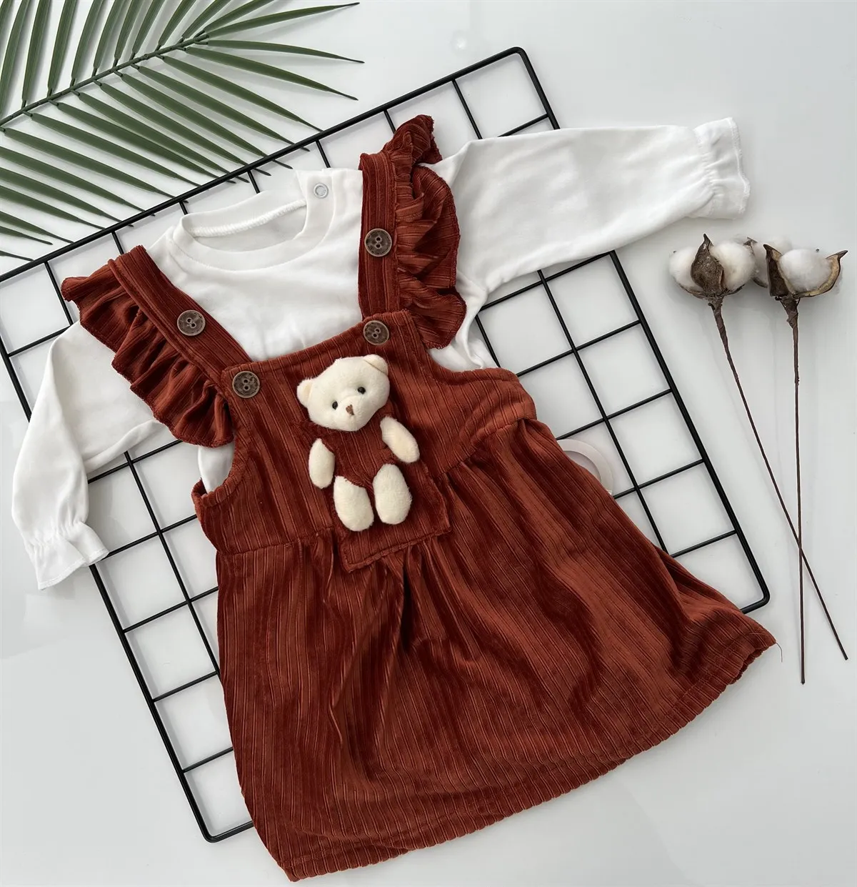 Jaju Baby Dark Orange Teddy Bear Velvet Body 2 piece Dress Set