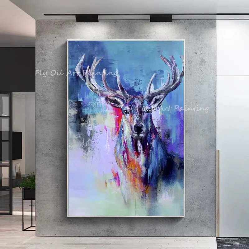

Large Size 100% Handpainted colorful blue ox animal picture grey canvas picture texture oil paiinting for living room decoration