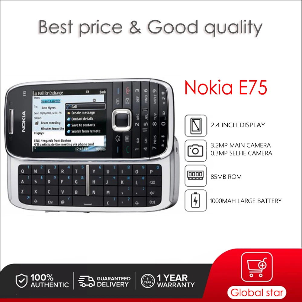 Nokia E75 Original Unlocked Slide Keyboard Mobile Phone 2.4 inches 1000mAh 3MP 85MB ROM 3G High Quality Cellphone
Nokia E75 Original Unlocked Slide Keyboard Mobile Phone 2.4 inches 1000mAh 3MP 85MB ROM 3G High Quality Cellphone