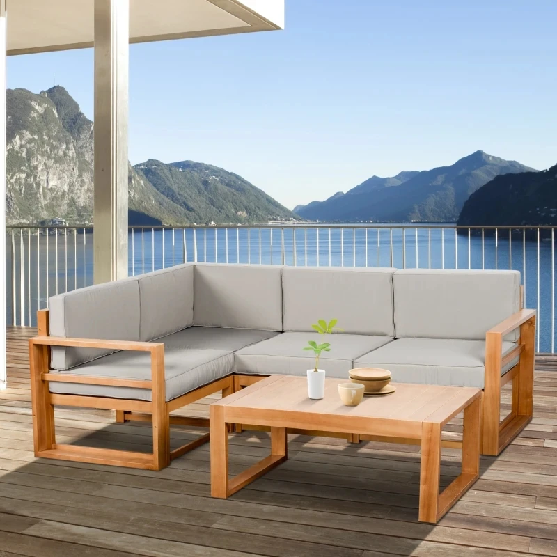 5-Piece Wood Outdoor Sectional with Grey Cushions Conversation Set with Coffee Table
5-Piece Wood Outdoor Sectional with Grey Cushions Conversation Set with Coffee Table
