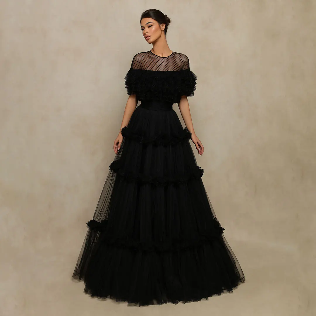 Gothic Black Tulle Prom Dresses Ruffles Floor Length Women Party Gowns Short Sleeve Formal Outfit Evening Dress
Gothic Black Tulle Prom Dresses Ruffles Floor Length Women Party Gowns Short Sleeve Formal Outfit Evening Dress