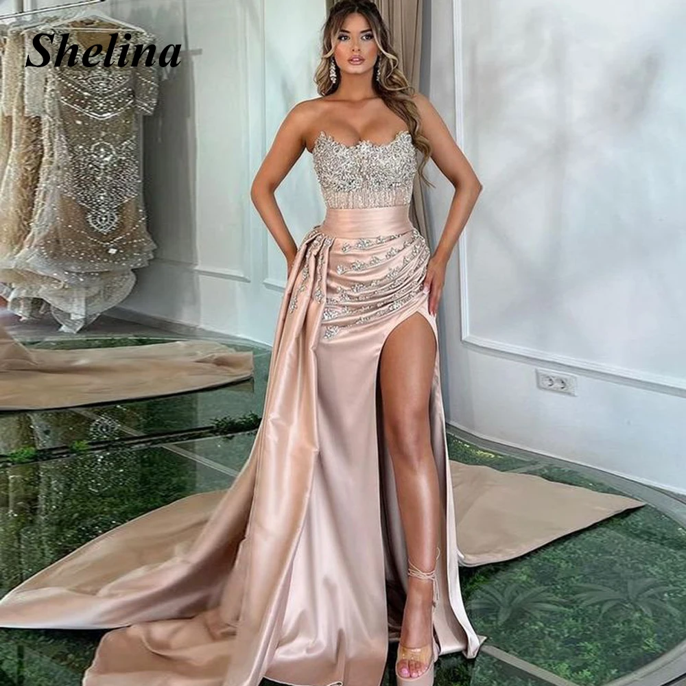 

Shelina Charming Strapless Homecoming Dresses Crystal Mermaid Pleat Sweep Train Split Backless Vestido De Noite Custom Made