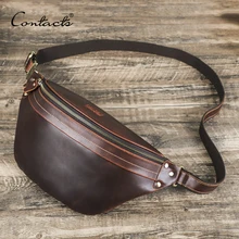 CONTACTS Mens Waist Bag Genuine Leather Waist Pack Travel Fanny Belt Bag Phone Pouch Luxury Handbag Male Crossbody Chest Bag