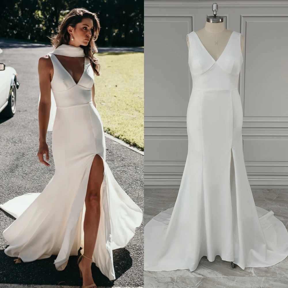 15617# Real Photos Boho Open Back Side Slit Mermaid Crepe Wedding Dress V-neck Sweep Train Bride Gowns For Women Custom Made
15617# Real Photos Boho Open Back Side Slit Mermaid Crepe Wedding Dress V-neck Sweep Train Bride Gowns For Women Custom Made