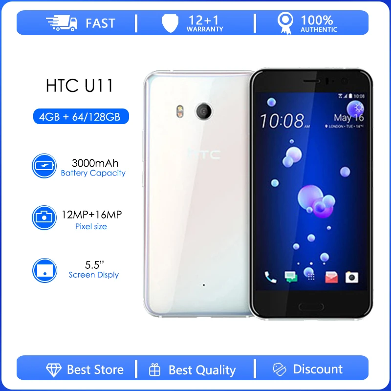 

HTC U11 Refurbished- Original 5.5" inch 4GB RAM 64GB 128GB Dual sim ROM Octa Core 4G LTE Android unlocked 12MP cellphone