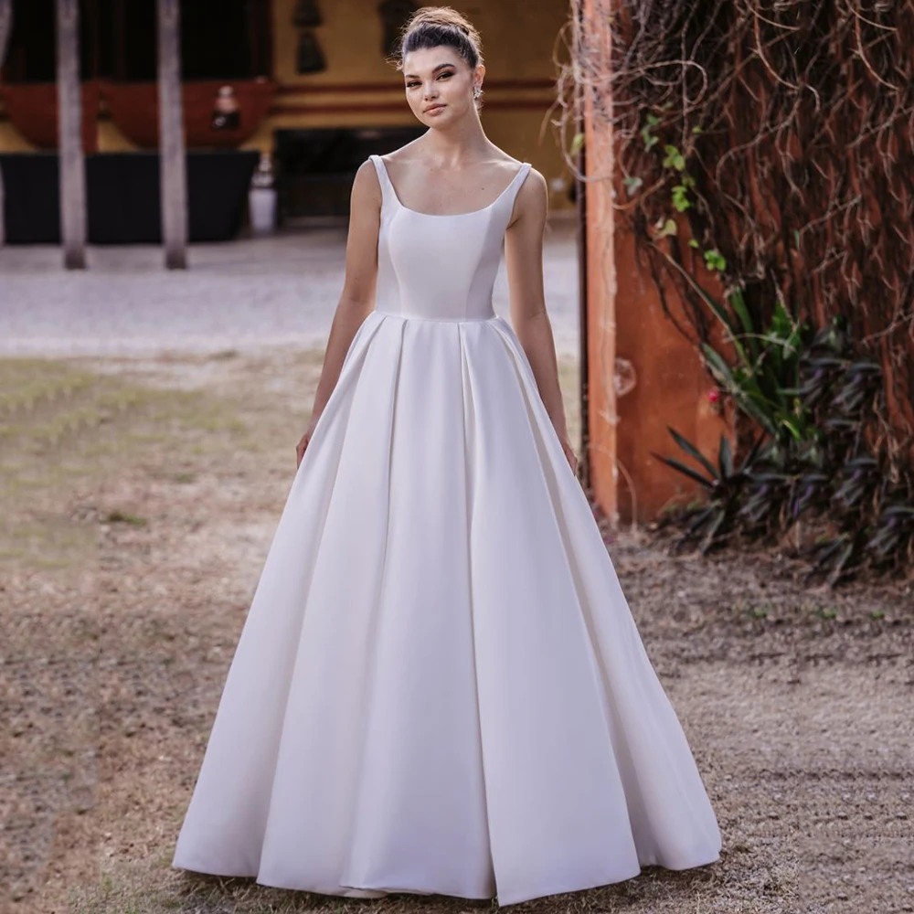 Vintage Scoop Collar Satin Wedding Dresses Elegant Backless Spaghetti Straps A-Line Bridal Gowns Custom Made Abito Da Sposa
Vintage Scoop Collar Satin Wedding Dresses Elegant Backless Spaghetti Straps A-Line Bridal Gowns Custom Made Abito Da Sposa