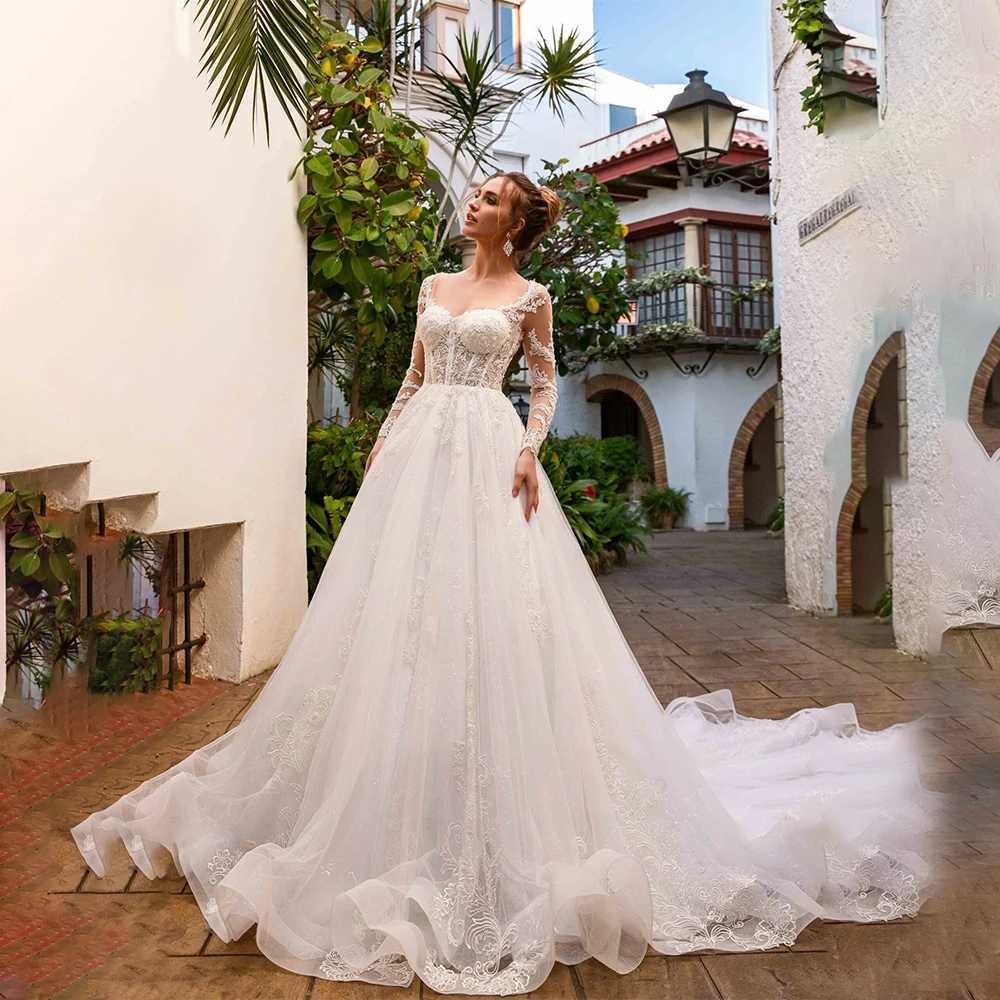 Simple Sweetheart Neck Lace Appliqué Beaded A-Line Straps Tulle Sheer Long Sleeve Sexy Backless Floor Length Wedding Dress
Simple Sweetheart Neck Lace Appliqué Beaded A-Line Straps Tulle Sheer Long Sleeve Sexy Backless Floor Length Wedding Dress