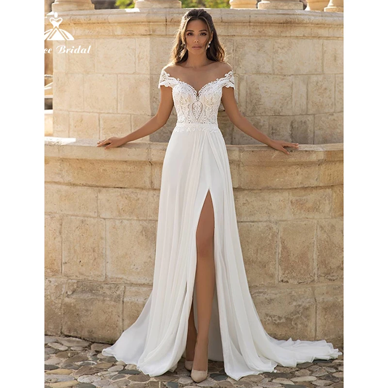 Bohemian Sexy Side Slit V-neck Short Off the Shoulder Lace Applique A-Line Wedding Dress Chiffon Bridal Gown Sweep Button Beach
Bohemian Sexy Side Slit V-neck Short Off the Shoulder Lace Applique A-Line Wedding Dress Chiffon Bridal Gown Sweep Button Beach