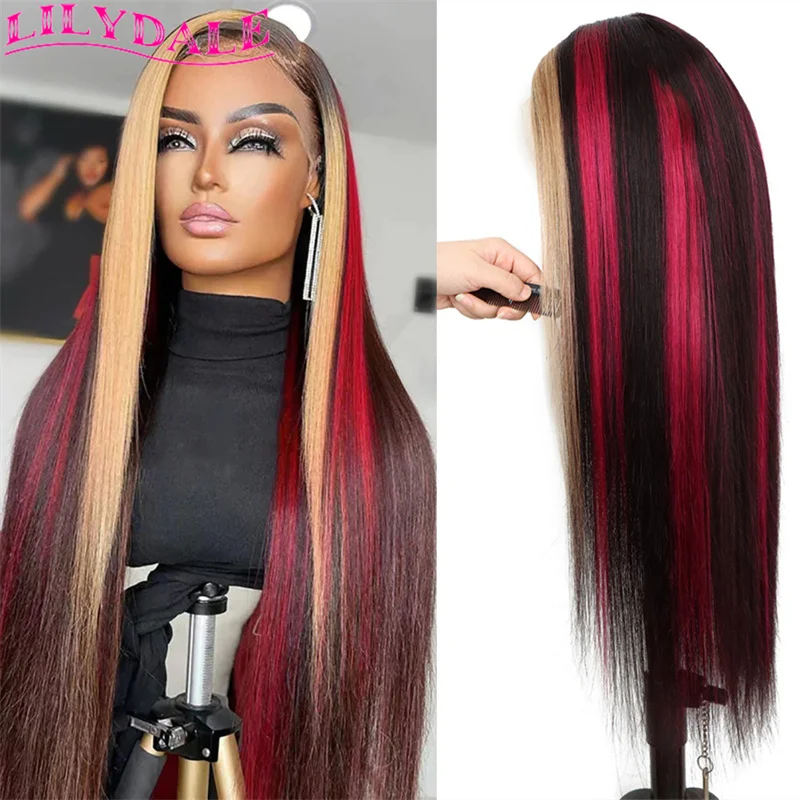 

13x4 Highlight Lace Frontal Wig Human Hair For Black Women 1b/27/99j Red Blonde HD Transparent Lace Front Wig Pre Plucked Hair