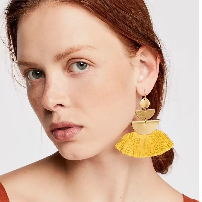 

Bohemian Handmade Tassel Earrings For Women Big Alloy Fringed Statement Drop Earrings Wedding Party Jewelry Gold Color