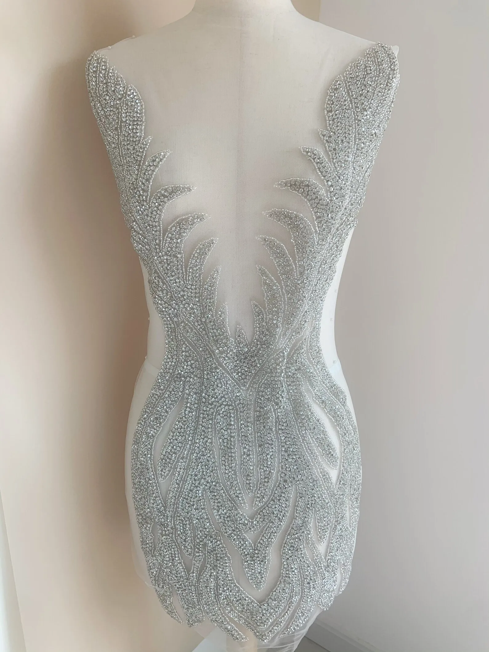 

Silver Large Rhinestone Applique for Dress Deep V Neckline Handcrafted Crystal Appliqué For Dress, Haute Couture