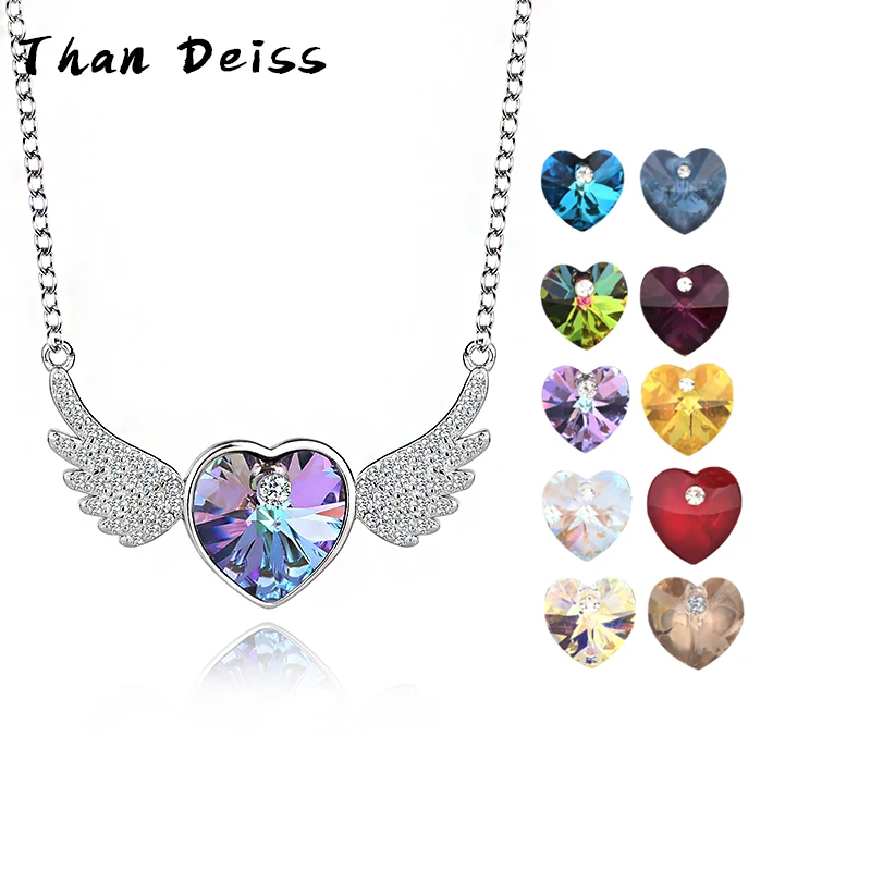 

S925 Sterling Silver Angel Wings Necklace Women's Fashion Simple Austrian Heart-Shaped Crystal Collarbone Chain Wholesale