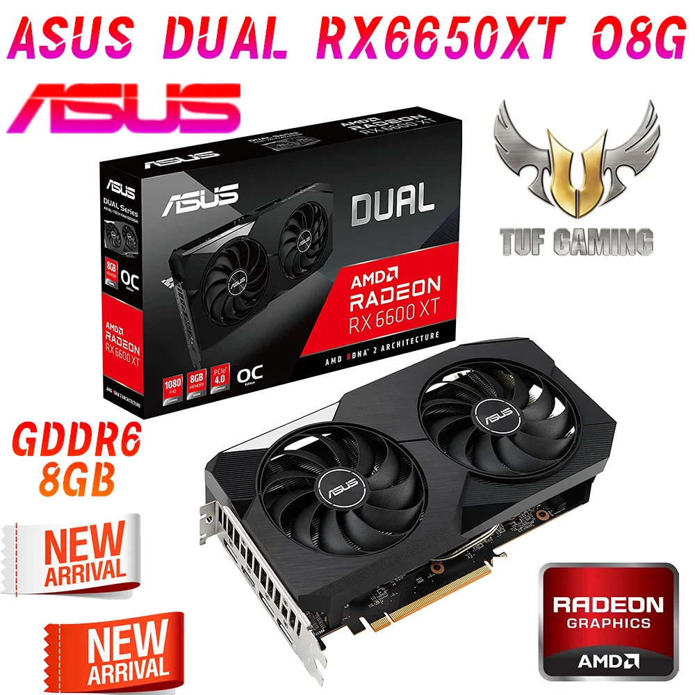 

Видеокарта ASUS DUAL RX 6650 XT O8G, GDDR6 4 Гб, графическая карта AMD RX6500XT PCIE4.0, OC режим 2825 МГц, поддержка Crossfire Cuda Core 2048 HDMI DisplayPort 128bit поддержка Intel AMD Материнская плата для ПК игры