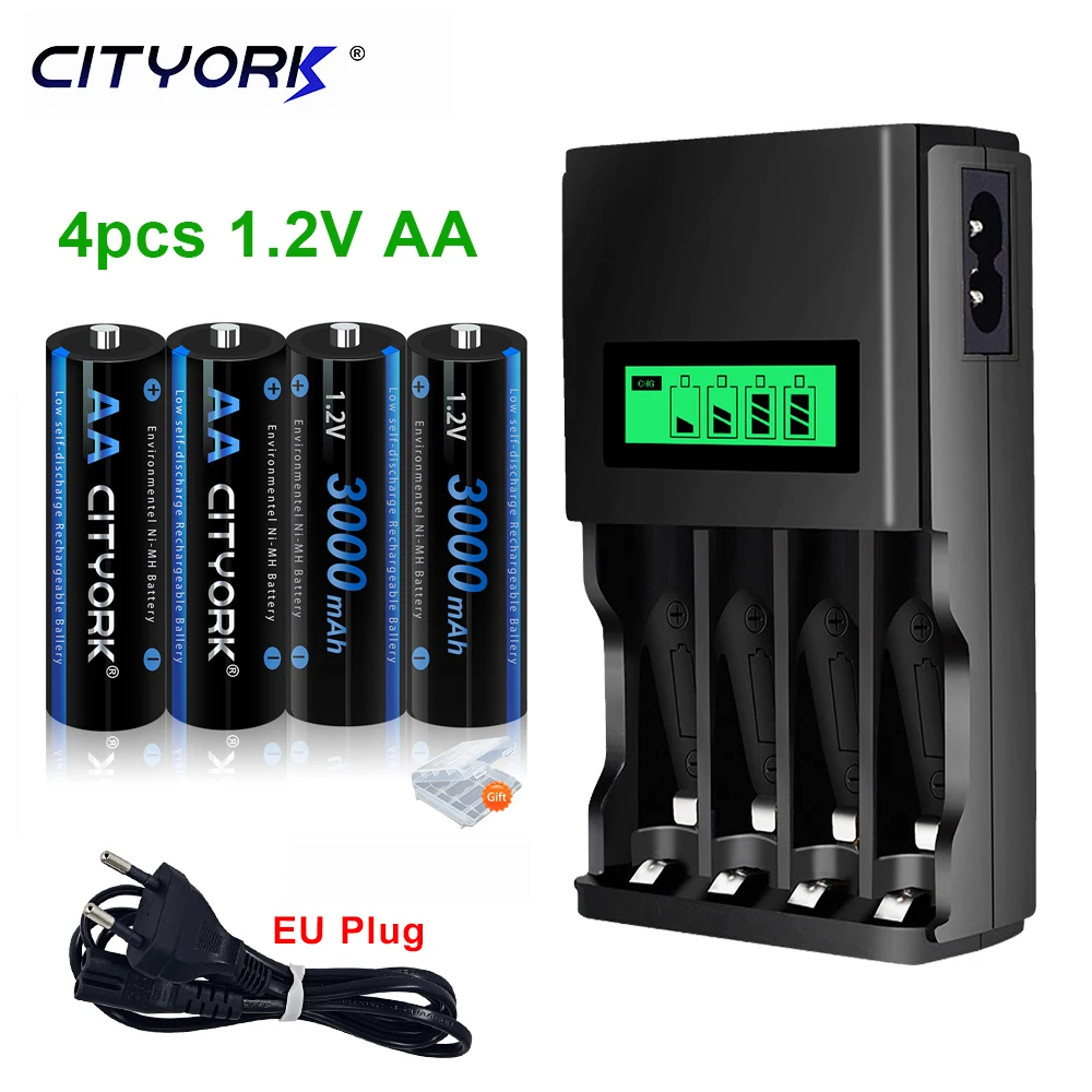 

CITYORK 1.2V AA 3000mAh NI-MH Battery Rechargeable 2A battery Pre-charged Bateria Low Self Discharge AA Batteries + LCD Charger