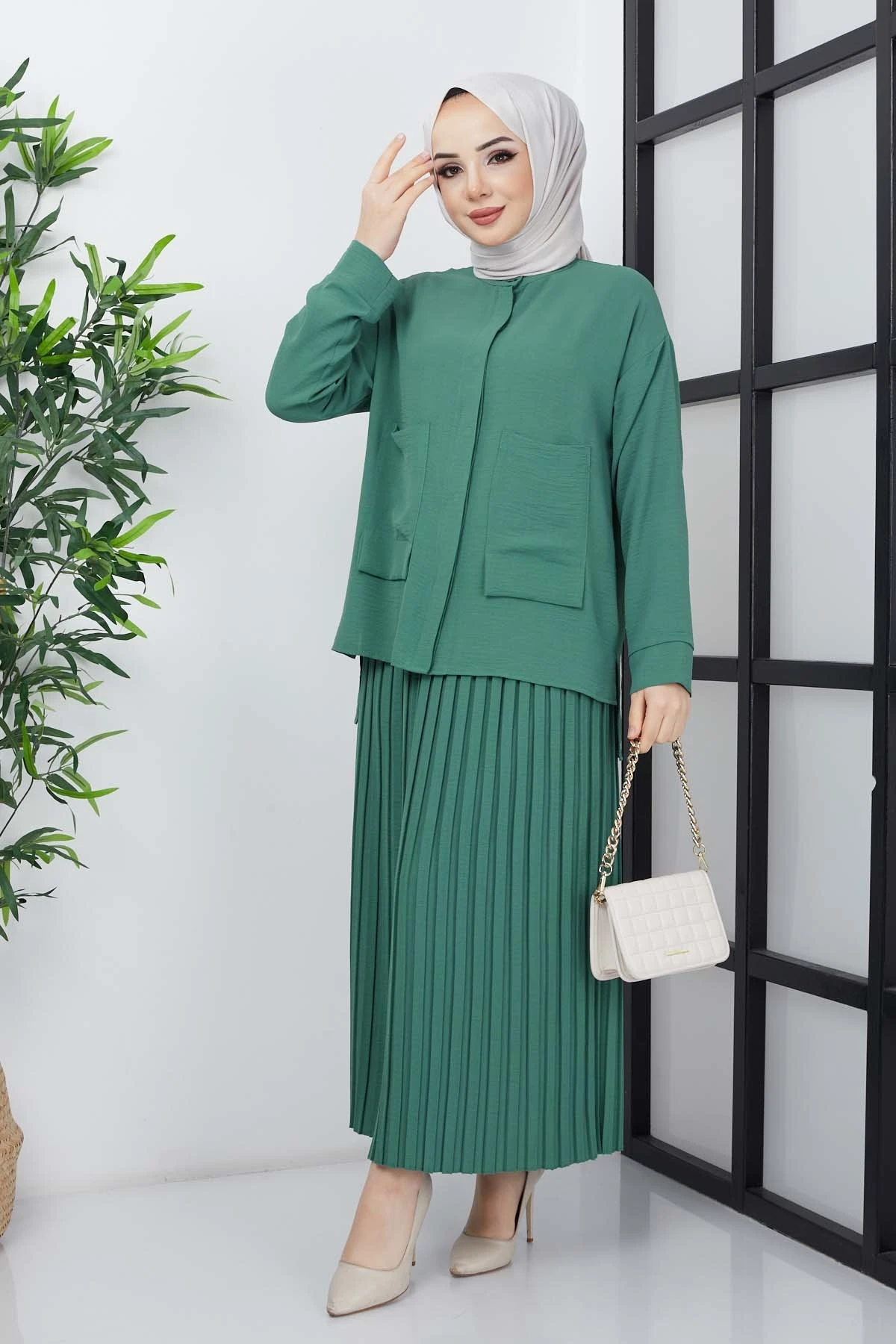 

Women's skirted twinset pockets tunic and pleated skirt bottom and top seasonal suit Muslim fashion stylish women's clothing New season