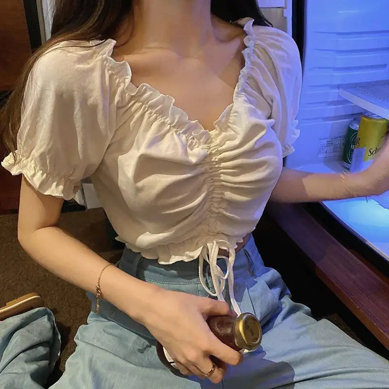 

Летний пикантный укороченный топ с открытыми плечами, белая рубашка с оборками, женская футболка с пышными рукавами в стиле Харадзюку, шифоновая блузка на шнуровке, 2022
