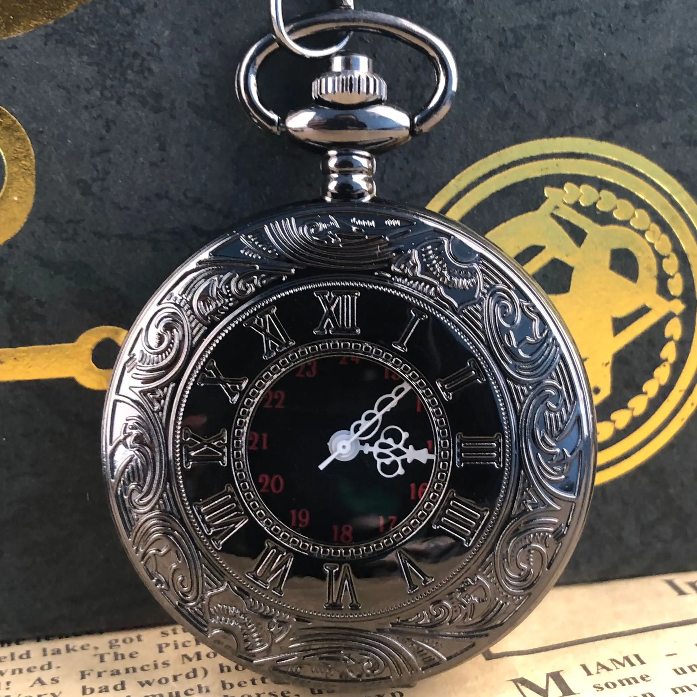 

Vintage Roman Numerals Quartz Pocket Watch For Men Women Steampunk Black Charm Pendant with Chain Clock reloj de bolsillo