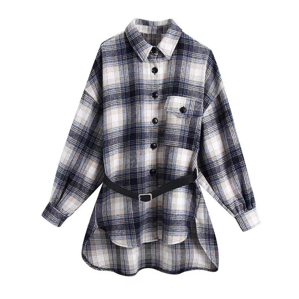 

PB&ZA 2022 Autumn New Women's Korean Version High Street Lapel Long-sleeved Belted Long Plaid Shirt Jacket