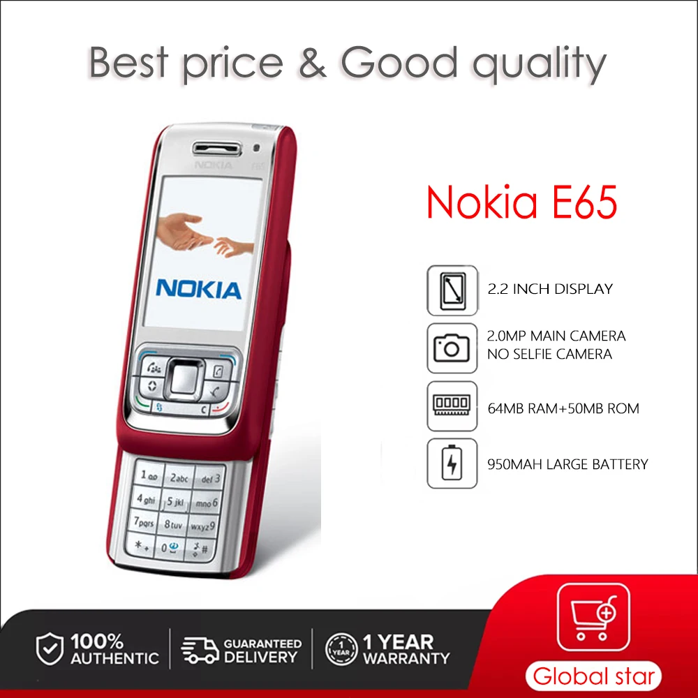 

Nokia E65 Original Unlocked Slide Mobile Phone 2.2 inches 950mAh 2MP 64MB RAM 50MB ROM 3G High Quality Cellphone