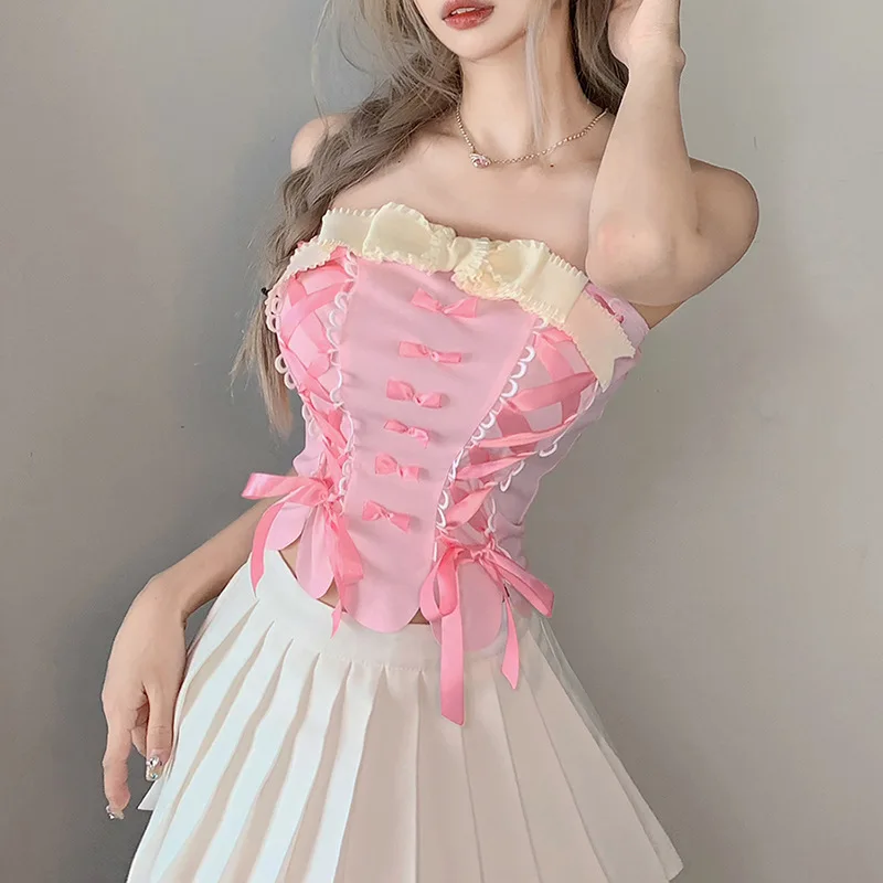 INSMIRCOGIRL Sexy Fashion Strap Neck Wrap Chest Pink Lace Patch Bow Decoration Cute Sleeveless Vest Y2K Outfit
INSMIRCOGIRL Sexy Fashion Strap Neck Wrap Chest Pink Lace Patch Bow Decoration Cute Sleeveless Vest Y2K Outfit