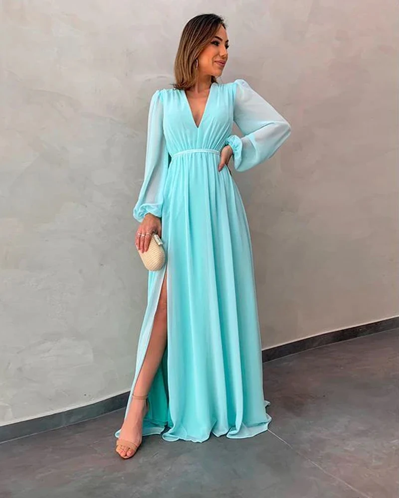 Chiffon A line Formal Evening Dresses Beauty Long Puff Sleeve vestidos de convidado do casamento para as mulheres V Neck Growns
Chiffon A line Formal Evening Dresses Beauty Long Puff Sleeve vestidos de convidado do casamento para as mulheres V Neck Growns