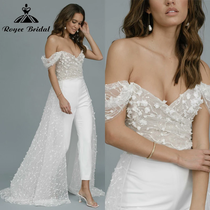 Sexy Sweetheart Lace 3D Floral Appliques Jumpsuit Wedding Dress Long Train Bridal Pants Suit Off the Shoulder Vestidos De Novia
Sexy Sweetheart Lace 3D Floral Appliques Jumpsuit Wedding Dress Long Train Bridal Pants Suit Off the Shoulder Vestidos De Novia