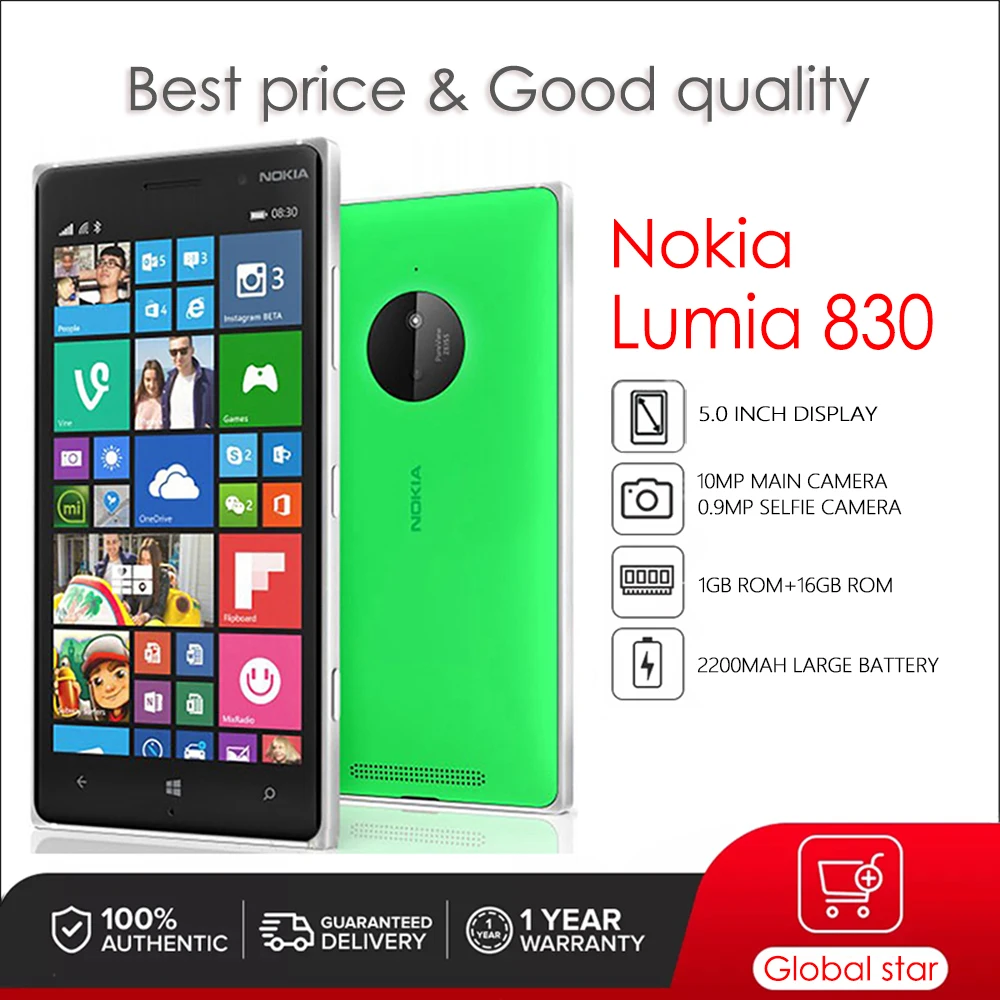 

Nokia Lumia 830 Original Unlocked Windows Mobile Phone 5.0 inches 2200mAh 10MP 1GB RAM 16GB ROM 3G High Quality Cellphone