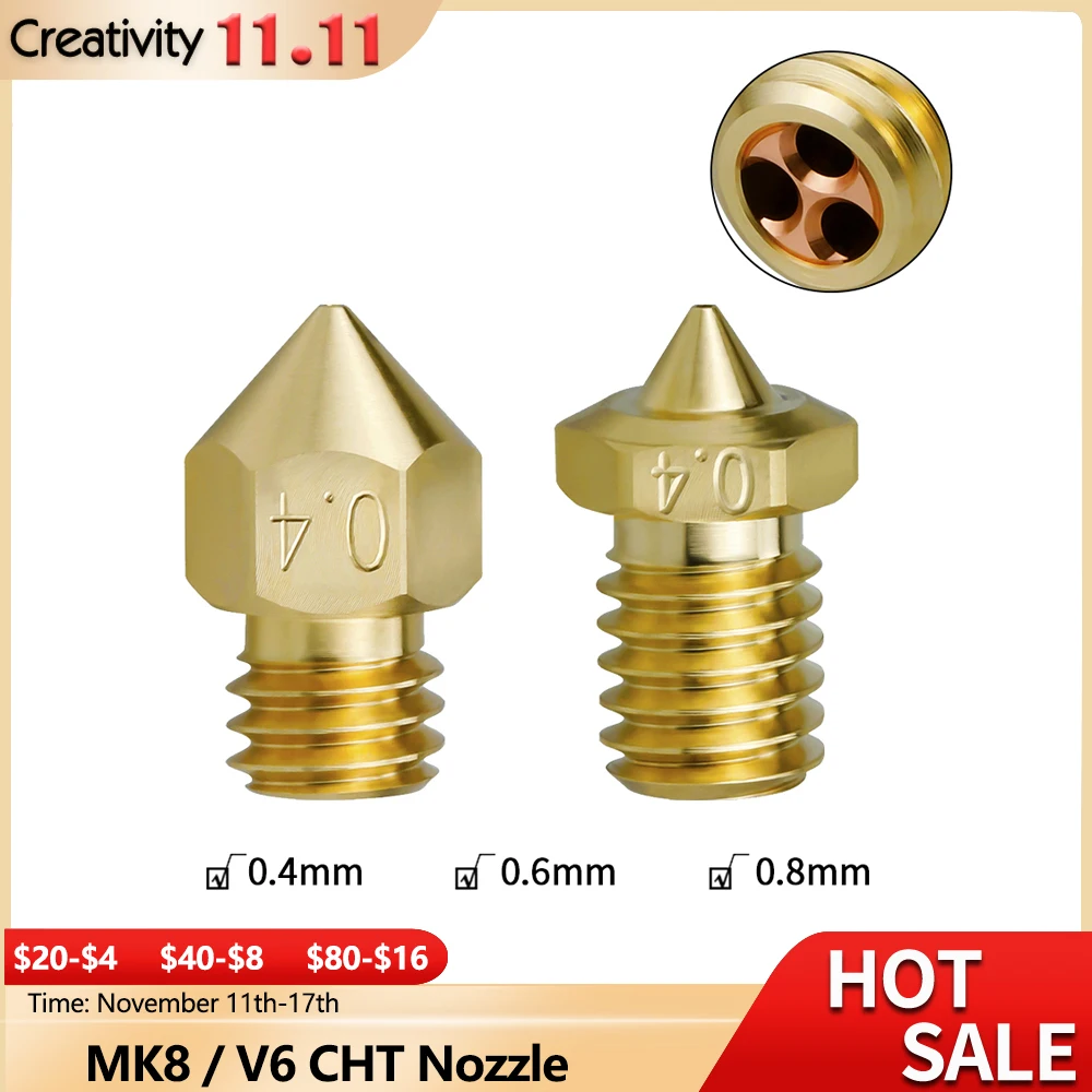 

Newest CHT Nozzle E3D V6/MK8 0.4/0.6/0.8MM Brass Copper Nozzles High Flow Print Head For Ender 3/CR10 V6 Hotend Extruder
