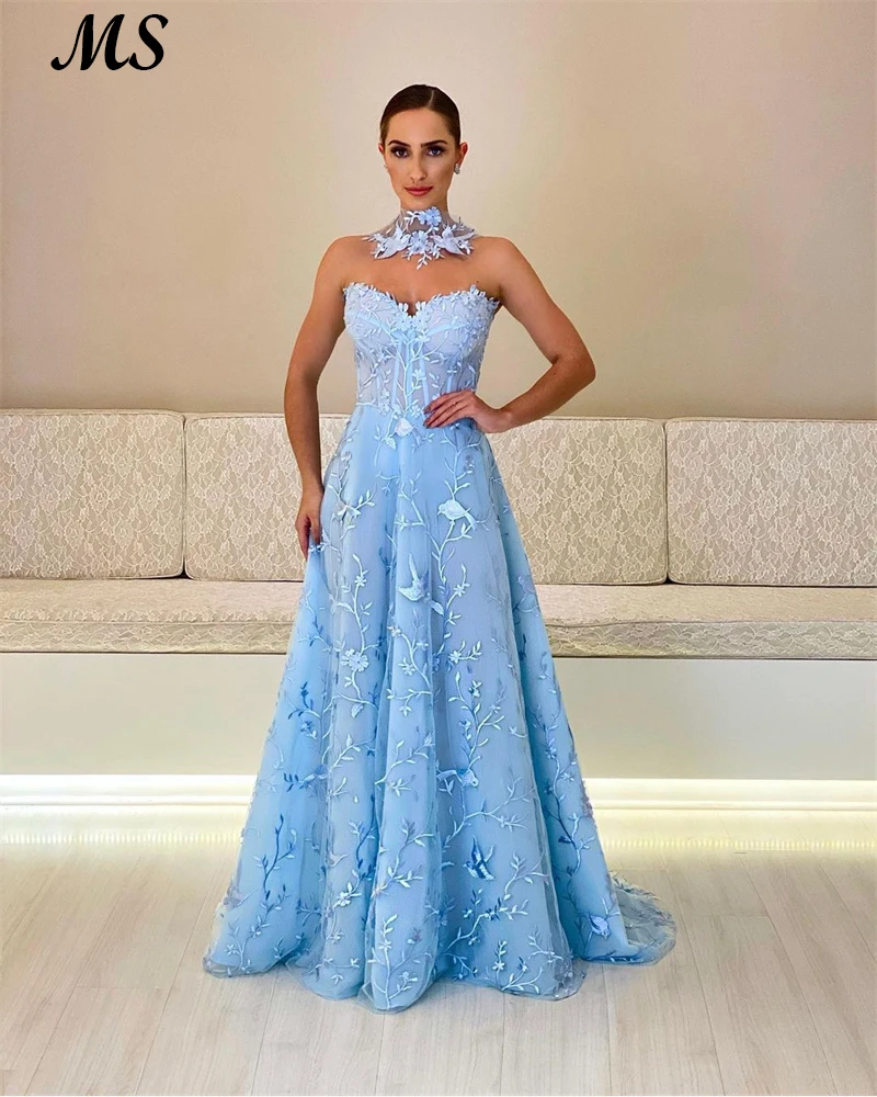 MS Sky Blue Tulle A Line Evening Dress Strapless Appliques Bone Corest Sleeveless Long Prom Party Gowns Women Vestido De Festa
MS Sky Blue Tulle A Line Evening Dress Strapless Appliques Bone Corest Sleeveless Long Prom Party Gowns Women Vestido De Festa