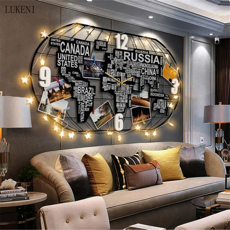 Nordic creative large size world map wall clock living room atmosphere light European living room atmosphere background 
Nordic creative large size world map wall clock living room atmosphere light European living room atmosphere background