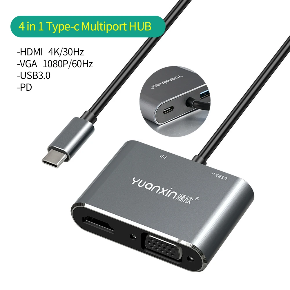 4 in 1 Type C HUB Adapter to HDMI 4K/30Hz PD60W VGA 1080P/60Hz Docking Station Data Converter For Macbook Huawei Matebook Xiaomi
4 in 1 Type C HUB Adapter to HDMI 4K/30Hz PD60W VGA 1080P/60Hz Docking Station Data Converter For Macbook Huawei Matebook Xiaomi