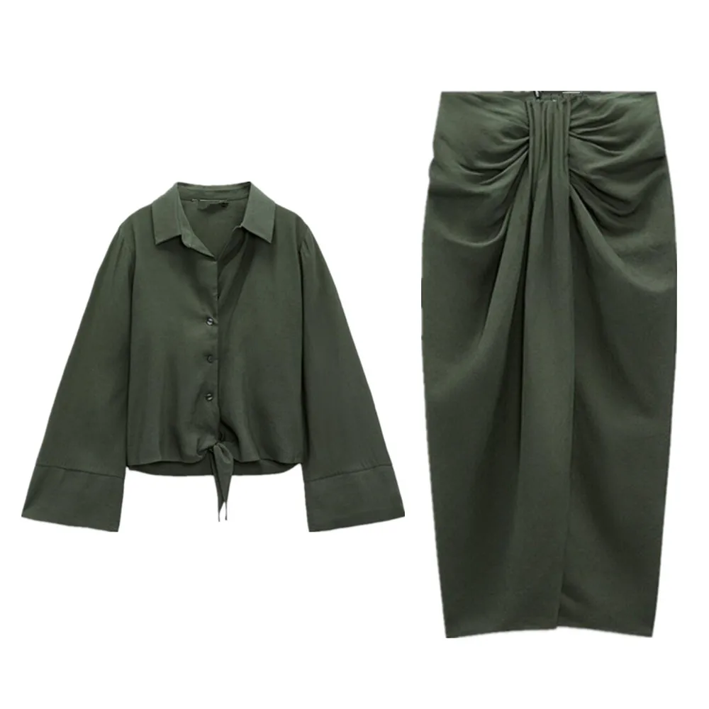 

PB&ZA summer new women's linen blended knotted long-sleeved lapel shirt + casual all-match knotted high-waisted skirt 7563/246