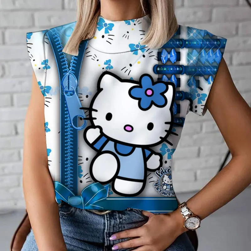 

Милая модная футболка Hello Kitty, женская футболка с высоким воротом, летняя забавная женская футболка с коротким рукавом и бумажным домиком, Топ