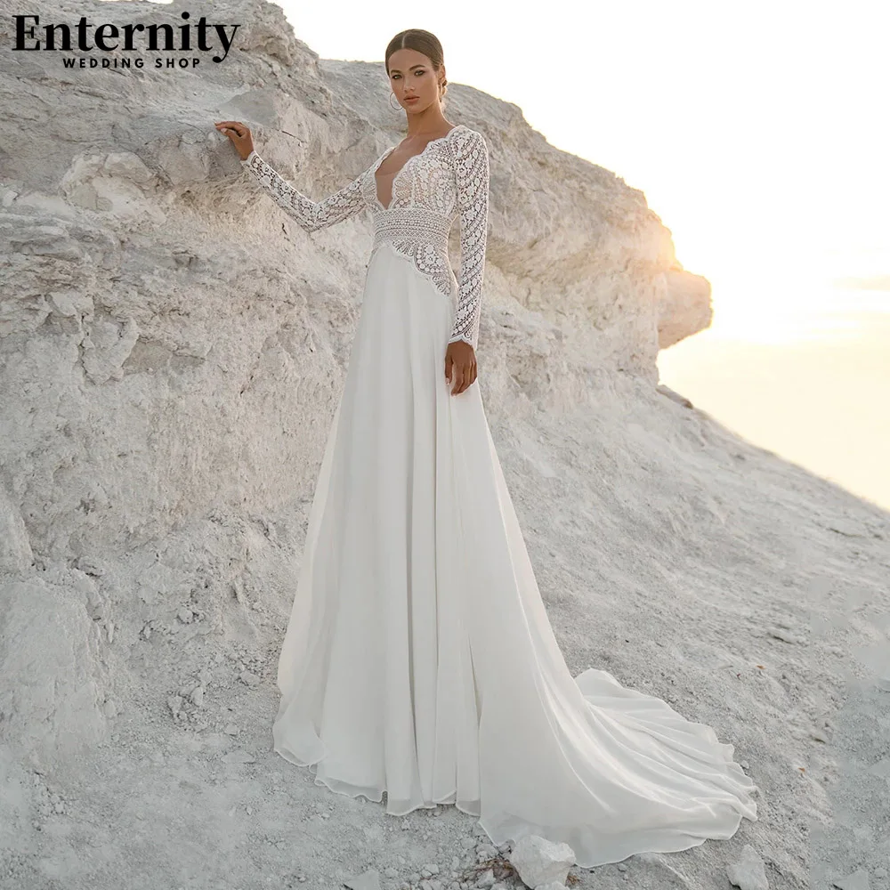 Bohemian Deep V Neck A Line Bride Gown Long Sleeves Open Back Wedding Dresses For Women Sweep Train Boho Vestido De Novia 
Bohemian Deep V Neck A Line Bride Gown Long Sleeves Open Back Wedding Dresses For Women Sweep Train Boho Vestido De Novia