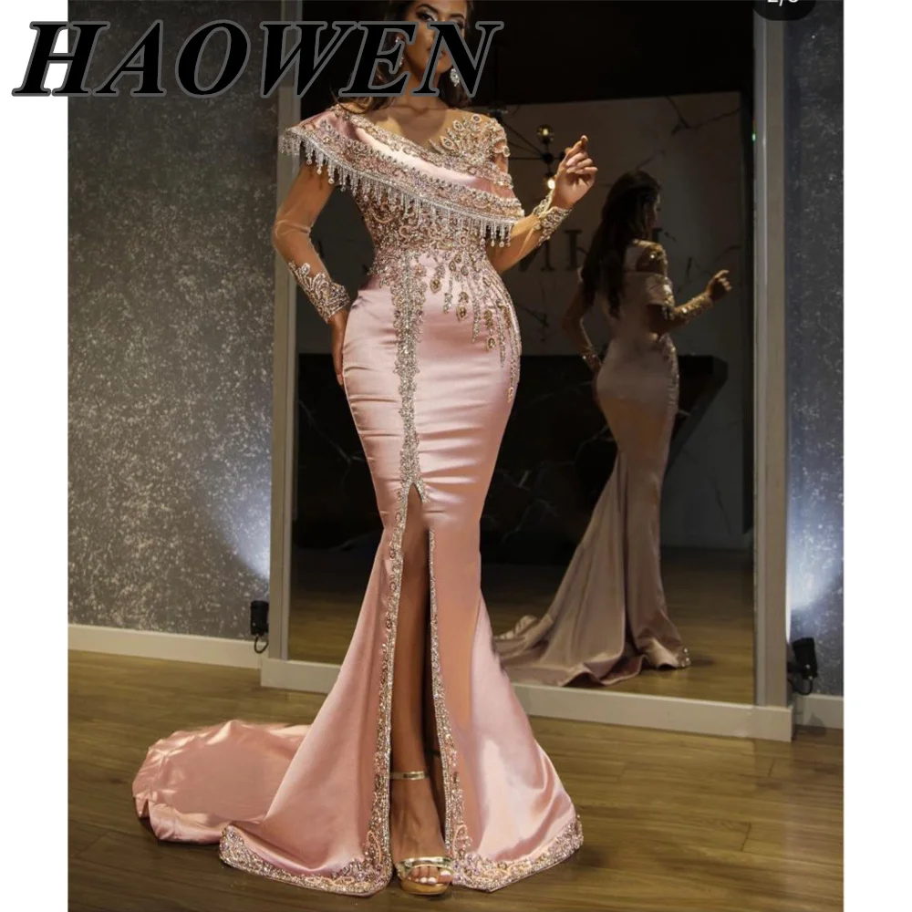 HAOWEN Crystals Beads Pink Satin Evening Dresses Dubai Arabic Abiye Formal Prom Party Gowns With Split
HAOWEN Crystals Beads Pink Satin Evening Dresses Dubai Arabic Abiye Formal Prom Party Gowns With Split