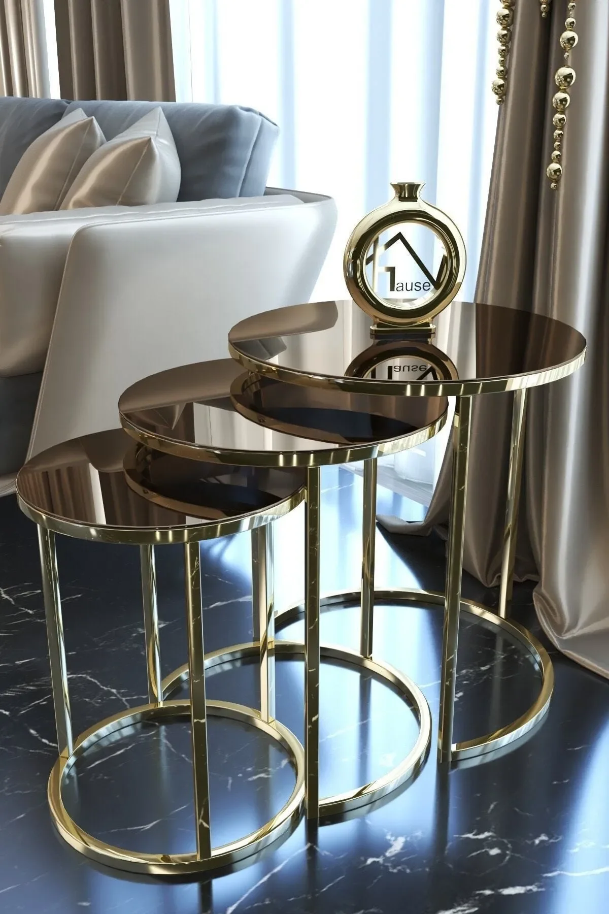 Gold Nelling Coffee Table for Living Room Set of 3 Pieces Mirrored Modern Style Unbreakable Glass Stainless Metal Legs
Gold Nelling Coffee Table for Living Room Set of 3 Pieces Mirrored Modern Style Unbreakable Glass Stainless Metal Legs