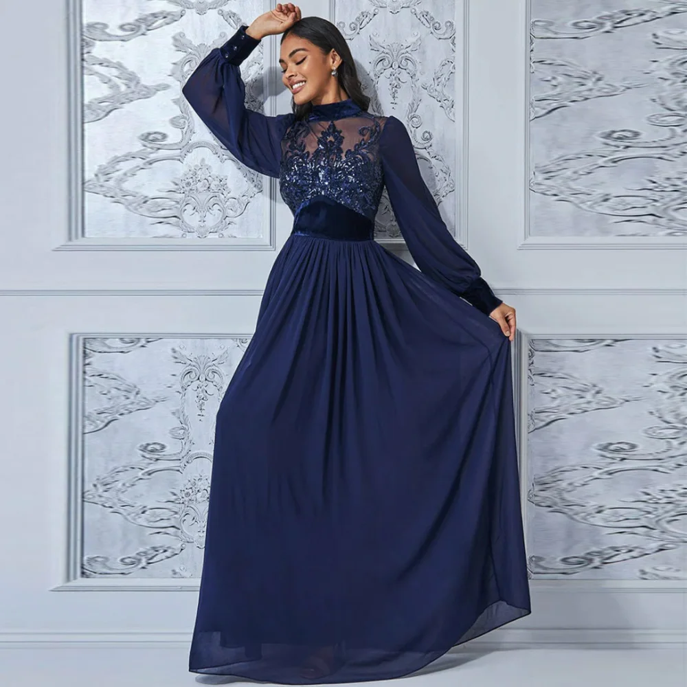 Elegant Navy Mother of the Bride Dresses High Neck Long Sleeves Chiffon Wedding Party Gowns Appliques Illusion Floor-Length
Elegant Navy Mother of the Bride Dresses High Neck Long Sleeves Chiffon Wedding Party Gowns Appliques Illusion Floor-Length