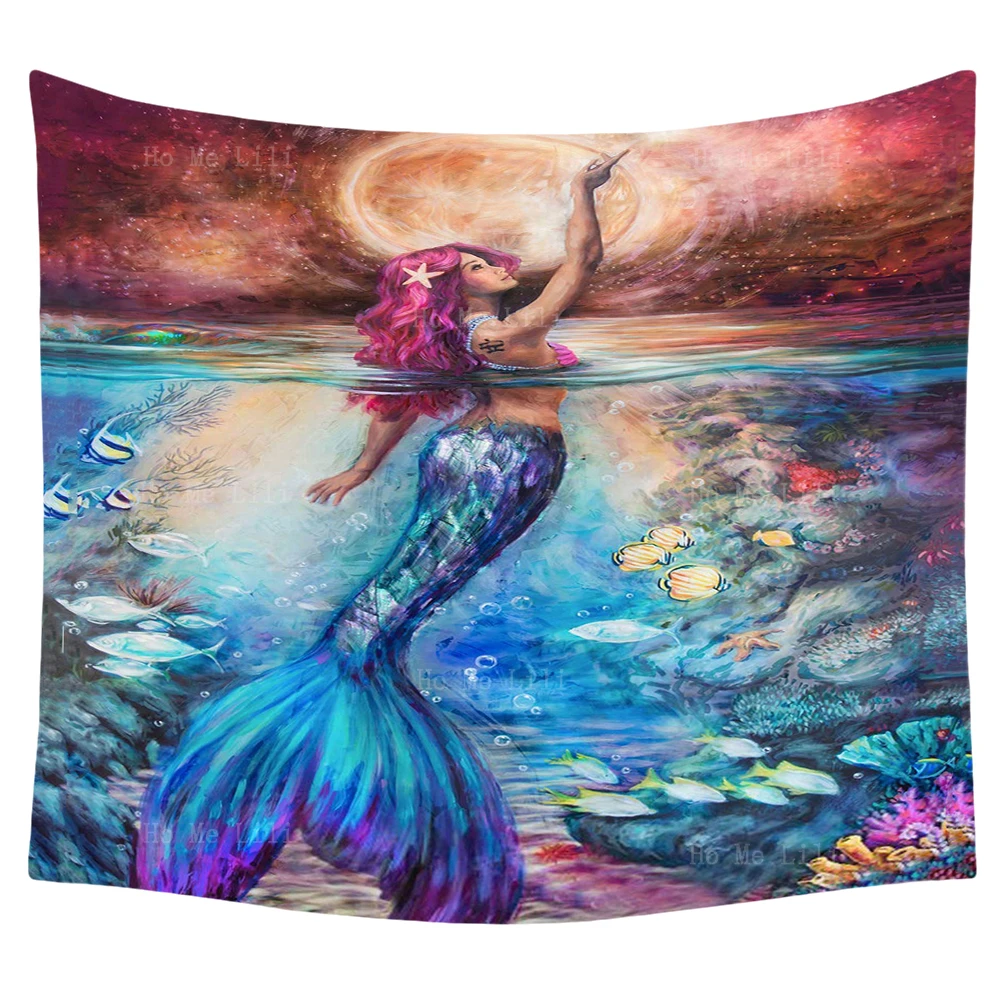 

Watercolor Fantasy Beautiful Mermaids Emerge From The Sea Full Moon Starry Tapestry By Ho Me Lili For Livingroom Decor