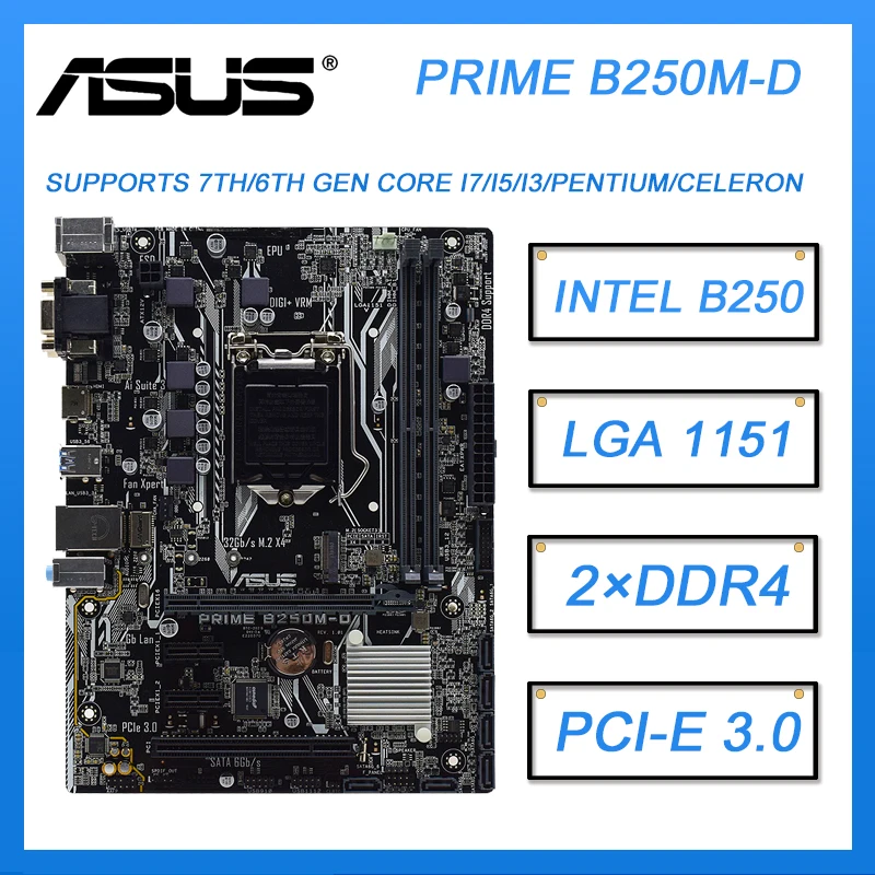 

1151 Motherboard Intel B250 For Celeron G3900 cpus Asus PRIME B250M-D 1151 Motherboard DDR4 M.2 32GB USB3.0 Micro ATX