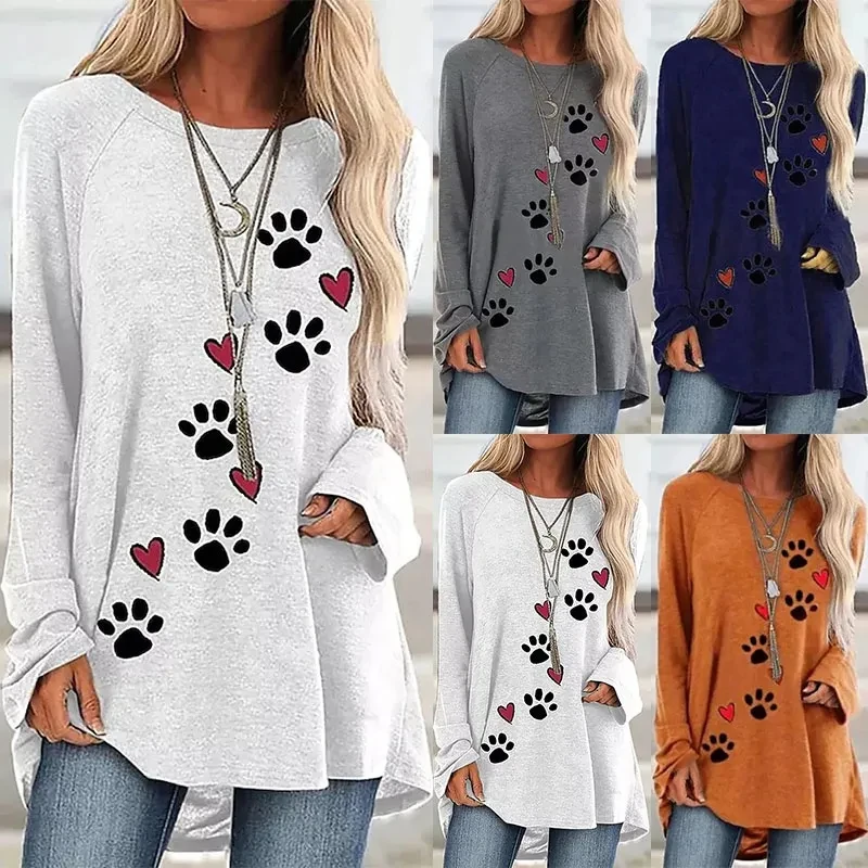 

Women's Fashion Loose Casual Cat Paw Love Painting Long Sleeve Round Neck Autumn T Shirt Y2k Tops Design Blouses Pullover Blusas