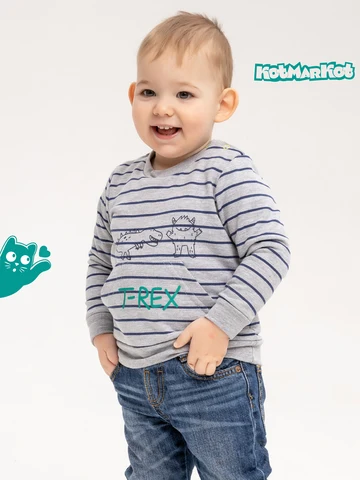 Джемпер свитшот для мальчика T-REX, КОТМАРКОТ, 458161769, серый в полоску с принтом динозавра, хлопковый трикота