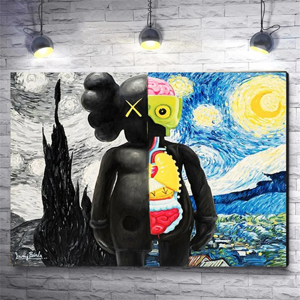 

Мультяшный медведь Ван Гог звездное небо плакат смешной мир шедевр холст живопись Современная Настенная картина домашний декор уникальный...