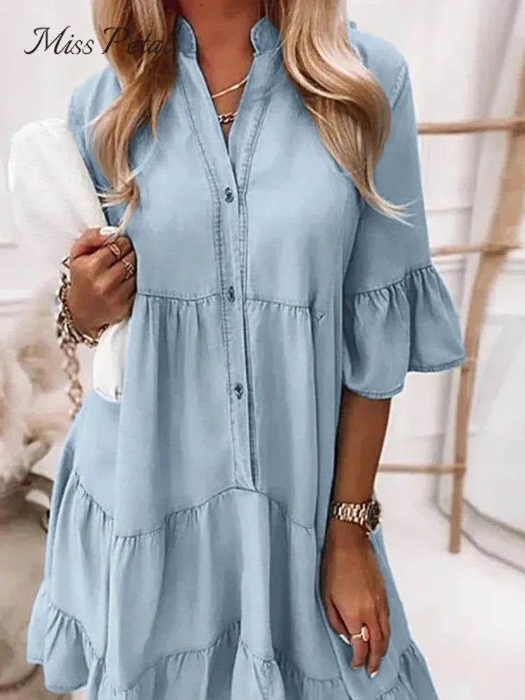 MISS PETAL Denim High Neck Mini Dress For Woman Sexy Button Quarter Sleeve Ruffled Loose Dress 2023 Summer Female Sundress
MISS PETAL Denim High Neck Mini Dress For Woman Sexy Button Quarter Sleeve Ruffled Loose Dress 2023 Summer Female Sundress