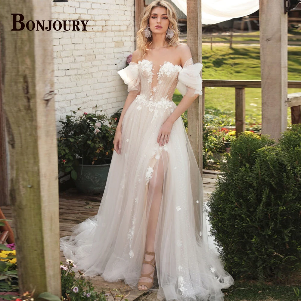 

BONJOURY Pastrol Wedding Dresses Side Slit Off Shoulder Lace Up For Marriage Bride A-LINE Appliques Vestido De Novia Custom Made