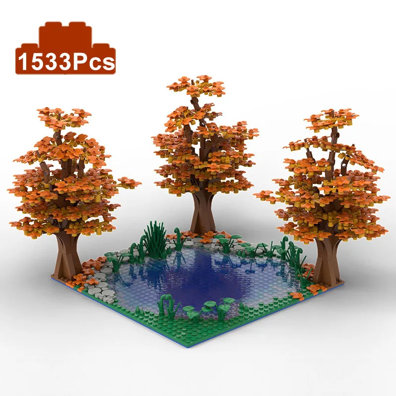 

MOC Creative Maple Lake Tree Plants Autumn View Sence Model Building Blocks Assembly Construction Educational DIY Toys Kids Gift