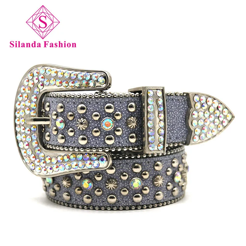 

Silanda Fashion Western Cowboy Cowgirl Sparkling Rhinestone Studded Waistband Men Women Punk Pin Buckle Genuine Leather Belts