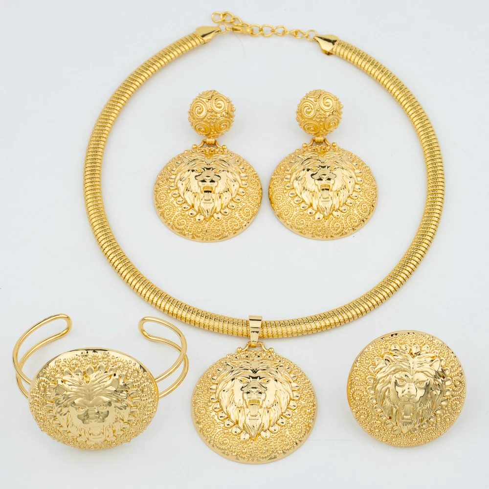 Charms Gold Plated Jewelry Sets for Women Lion's Head Copper Bracelet Ring Necklace Earrings 4pcs Wedding Set Party Jewelry
Charms Gold Plated Jewelry Sets for Women Lion's Head Copper Bracelet Ring Necklace Earrings 4pcs Wedding Set Party Jewelry
