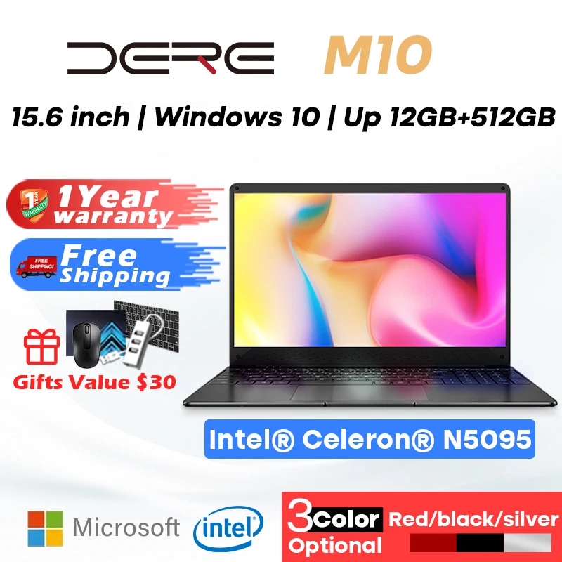 

Dere Laptop M10 15.6" 12GB RAM 512GB SSD Intel Celeron N5095 Computer Dual Band Wifi Pc Portable 1920x1080 Windows 10 Notebook