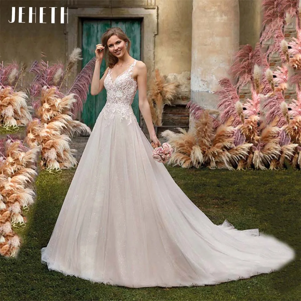 

Женское свадебное платье JEHETH, с глубоким V-образным вырезом, блестящее Тюлевое платье в стиле бохо на тонких бретельках, Кружевная аппликация, ТРАПЕЦИЕВИДНОЕ платье невесты, иллюзия сзади