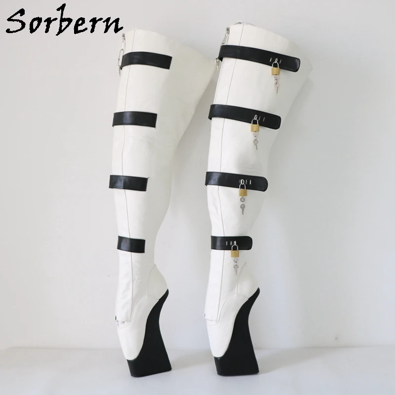 

Sorbern Custom Wide Fit Platform Ballet Boots Unisex Crotch Thigh High Lockable Zipper Lace Up Black Straps With Locks